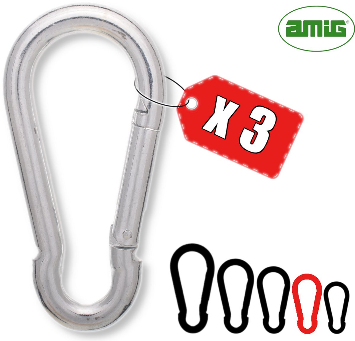AMIG Karabijnhaak 6x60mm Klein Verzinkt Staal Veersluiting Sleutelhanger Musketonhaak - 3 Stuks