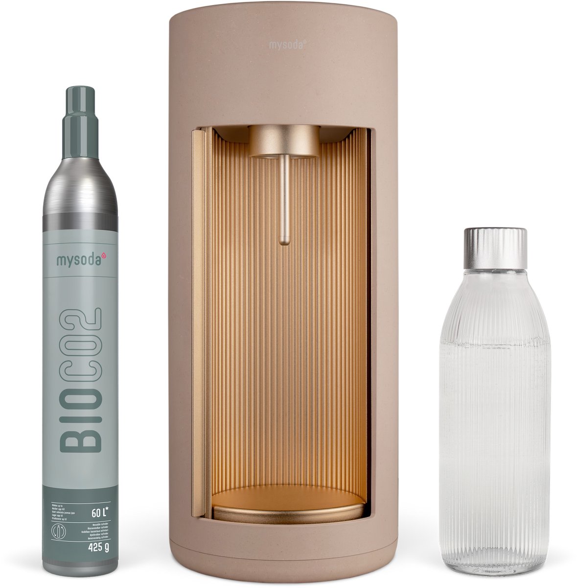 Mysoda Glassy Latte - design bruiswatertoestel gemaakt van ecologisch biocomposiet & aluminium - incl cilinder en 1 glazen fles