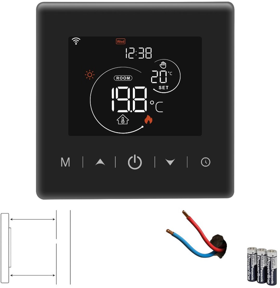 Wifi opbouw thermostaat | 2-draads aansluiting | Touchscreen bediening | Opbouw montage | Temperatuurregeling 0-40°C | Tuya app | Spraakbesturing | Zwart