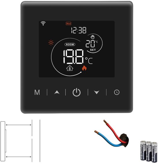 Slimme Wifi Opbouw Thermostaat met tiptoetsen | 3x AAA | geschikt voor 2-draads aansluiting | C.V. Installatie | Boiler | Zwart | 3amp | Slimme