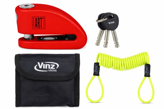 VINZ Pico Schijfremslot ART 4 Gekeurd met Alarm - Inclusief Tasje & Reminderkabel - Automatisch geactiveerd Alarm - Motorslot Remschijfslot ART 4 goedgekeurd voor de Verzekering - Rood van VINZ — afbeelding 3