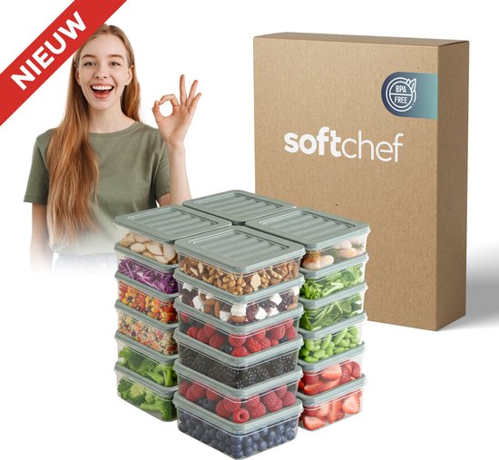 Soft Chef Fresh Box 24 pièces 600 ml – Bacs de Préparation de Repas et Congélateur Empilables avec Couvercle Grijs – Sans BPA, Résistant au Micro-ondes et au Lave-vaisselle