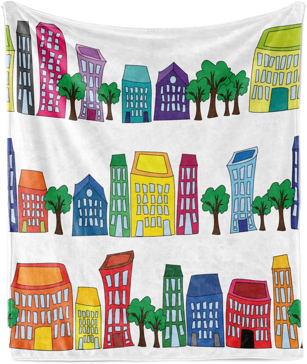 ABAKUHAUS Architectuur Zachte Flanellen Fleece Deken, Moderne Gebouwen en Bomen, Gezellige Pluche Plaid, 125 x 175 cm, Wit en Meerkleurig