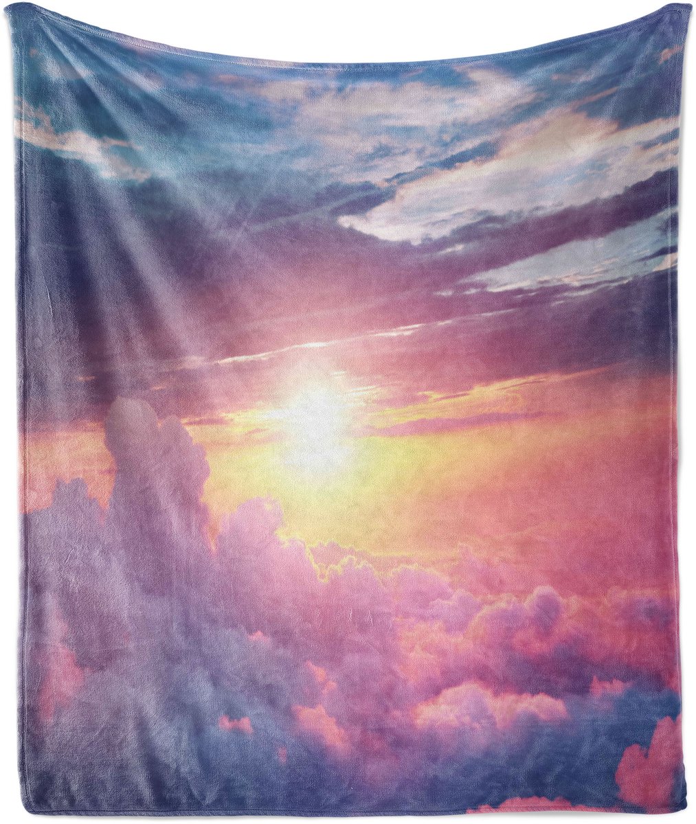 ABAKUHAUS Zachte Flanellen Fleece Deken met Zonmotief, Surrealistische Hemel met Pluizige Wolken, Pluche Plaid, 175 x 230 cm, Babyroze Lichtblauw