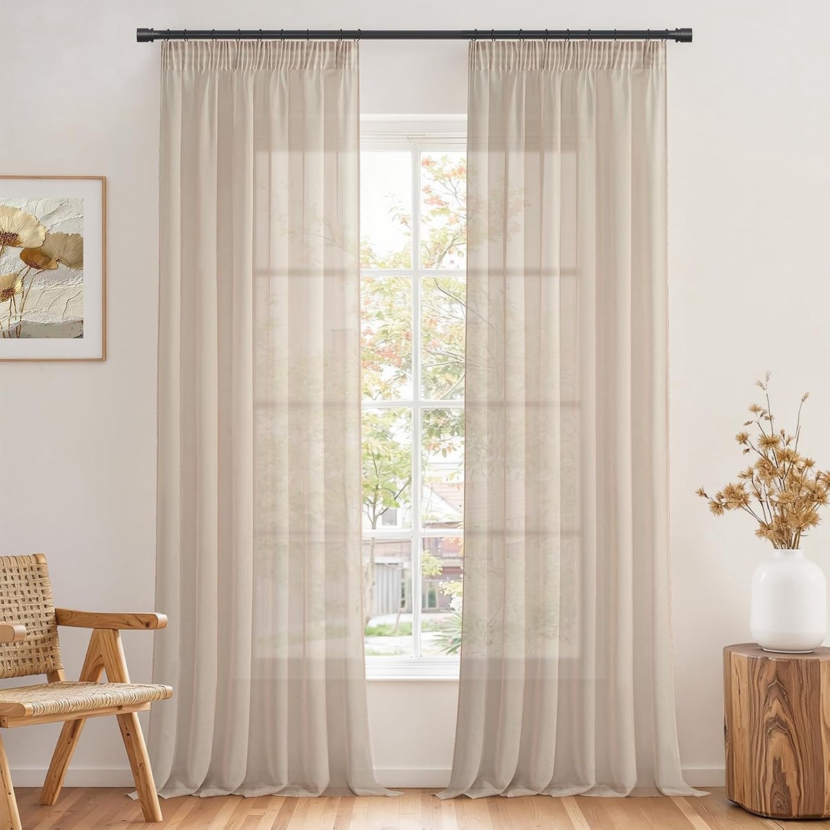 Famanu – Set van 2 transparante gordijnen met ruffle tape - 140 x 300 cm - lichtdoorlatend - woonkamer en slaapkamer - Japandi stijl