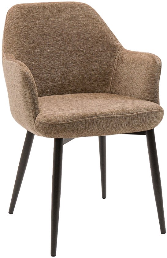Une chaise de salle à manger taupe avec revêtement en tissu et pieds en bois foncé.