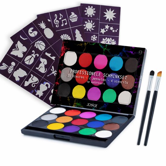 Joyage Schmink kinderen & volwassenen - Op waterbasis - Carnavals accessoires carnaval - Schminkset Elf Make up Kinderen Face paint palette Grime Schmink palet volwassenen wit Kinderschmink voor grimas - Gezichtsverf Smink accessoires zwart Grimeren