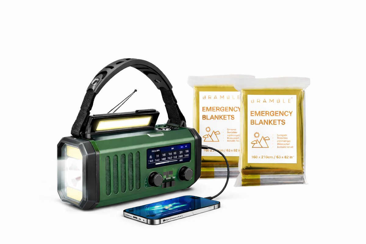 Noodradio 20000mAh met Zonnepaneel & Handcrank + 2x Reddingsdeken – Stroomuitval Noodpakket – Powerbank – SOS – Zaklamp – AM/FM/WB Radio – Outdoor & Auto Noodkit