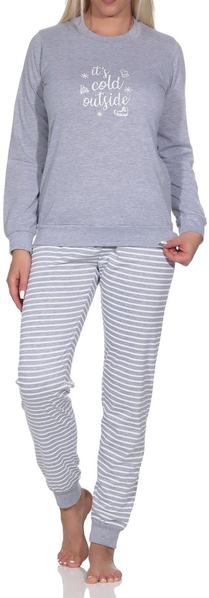 Normann damespyjama met lange mouwen en gestreepte broek grau