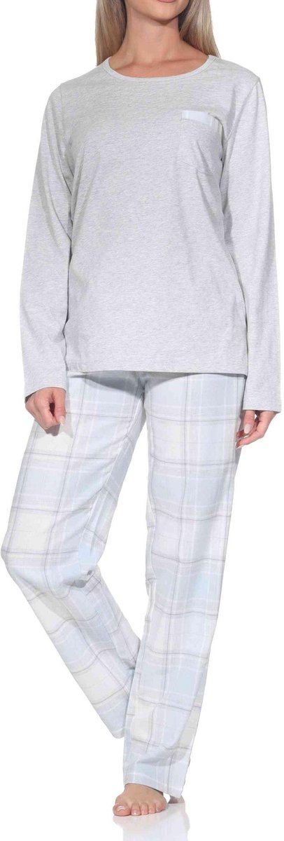 Normann lange damespyjama met geruite flanellen pyjama grau