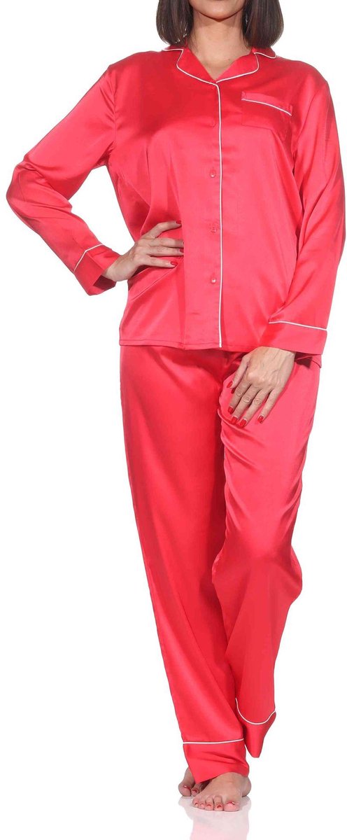 Normann satijnen damespyjama pyjama met lange mouwen, knoopsluiting en borstzakje rot