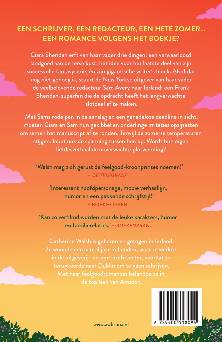 De achterkant van een boek met de titel "How to Write a Love Story" door Catherine Walsh, met een korte beschrijving en recensies.