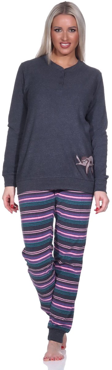 Normann Dames badstof pyjama broek gestreept - leuk luiaard dierenmotief - ook in oversized maten anthrazit-melange