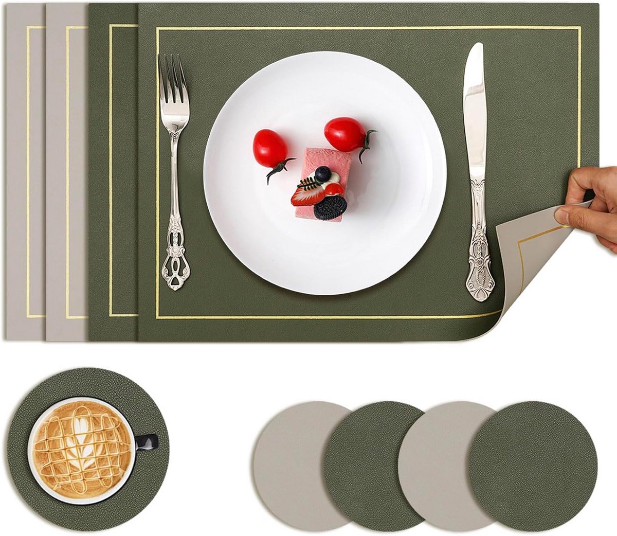 Set van 4 Dubbelzijdige Placemats met Onderzetters - Leerlook, Hittebestendig en Antislip