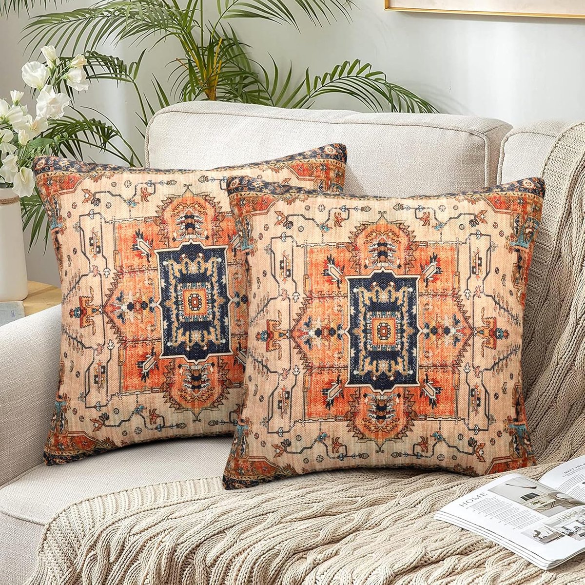 Famanu Kussensloop 40 x 40 cm Indiase boho stijl dubbelzijdig linnen kussenslopen natuurlijke landelijke stijl kussenhoes decoratief kussen oosterse kussens decoratief voor bank woonkamer khaki