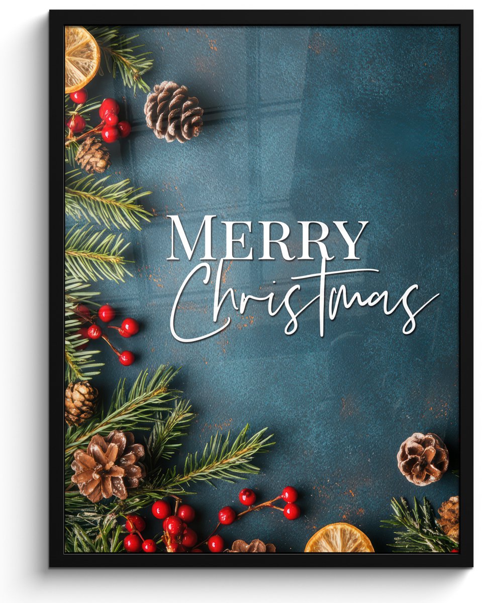 FrameYourWall Poster in lijst - Fotolijst 50x70 cm - Posters - Merry Christmas - Blauw - Kerst - Winter - Posterlijst zwart - Decoratie - Wanddecoratie woonkamer - Kerstdecoratie voor binnen - Kerstversiering - Kerstmis versiering in huis - Christmas decorations Tekst - Merry Christmas
