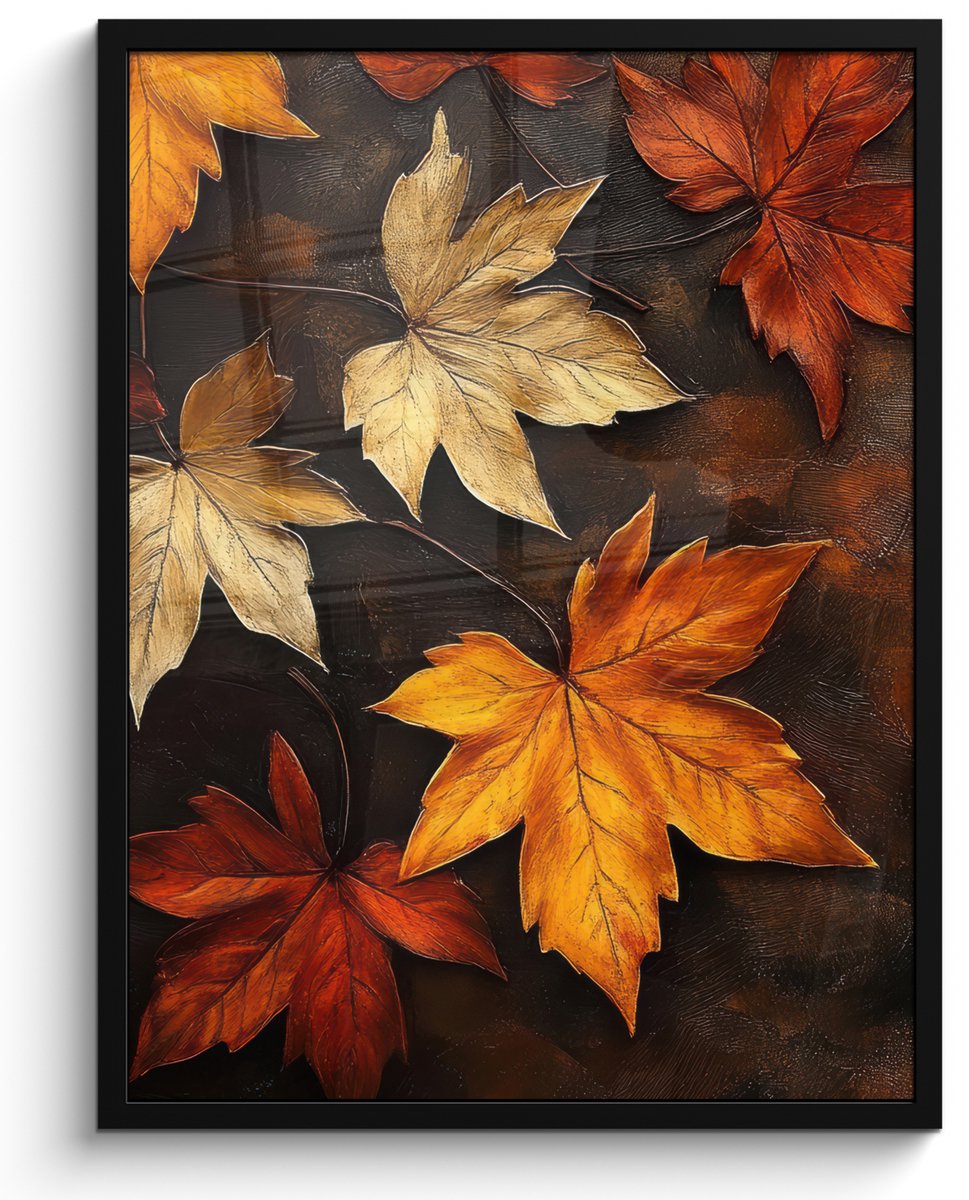 FrameYourWall Poster in lijst - Fotolijst 50x70 cm - Posters - Herfstbladeren - Bruin - Oranje bladeren - Herfst rood - Posterlijst zwart - Decoratie - Wanddecoratie woonkamer - Muurdecoratie slaapkamer