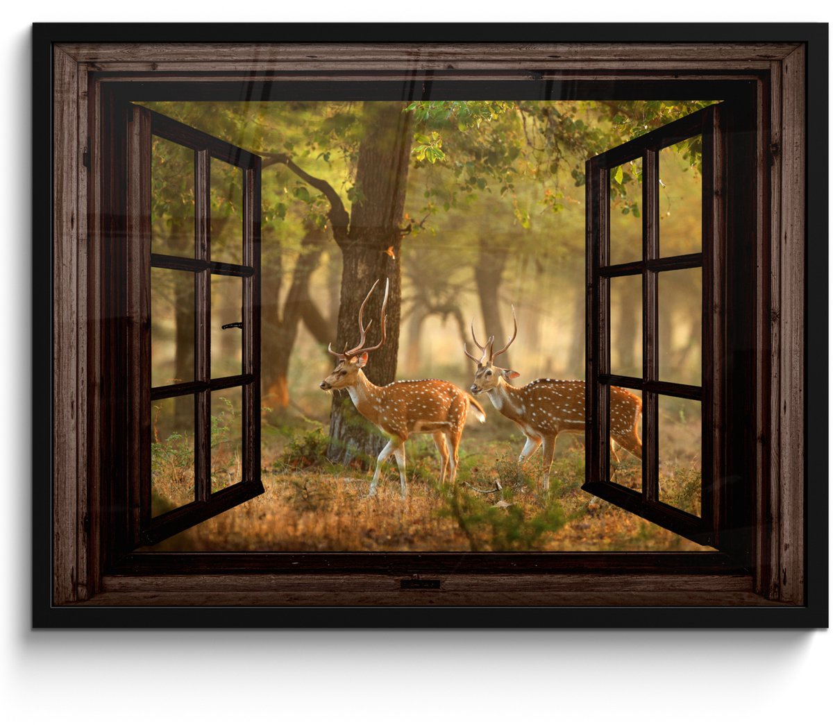 FrameYourWall Poster in lijst - Fotolijst 70x50 cm - Posters - Herten - Bos - Herfst - Bosdieren - Natuur - Hert - Doorkijk - Posterlijst zwart - Decoratie - Wanddecoratie woonkamer - Muurdecoratie slaapkamer Bruin
