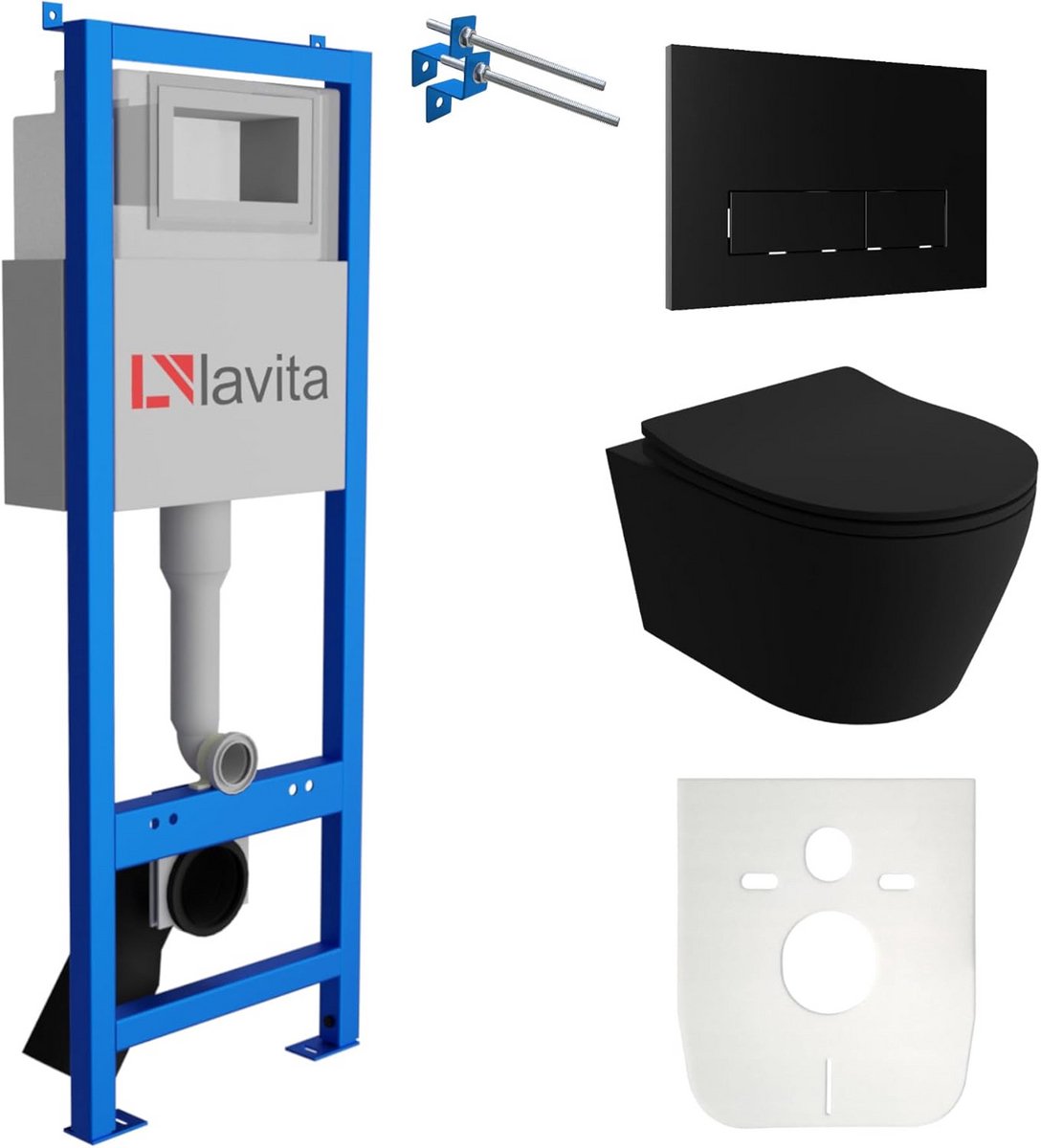 Complete Wandcloset Set: Inbouwreservoir 40 cm, Diep Weinig Spoelrand Toilet & Zwart Bedieningspaneel