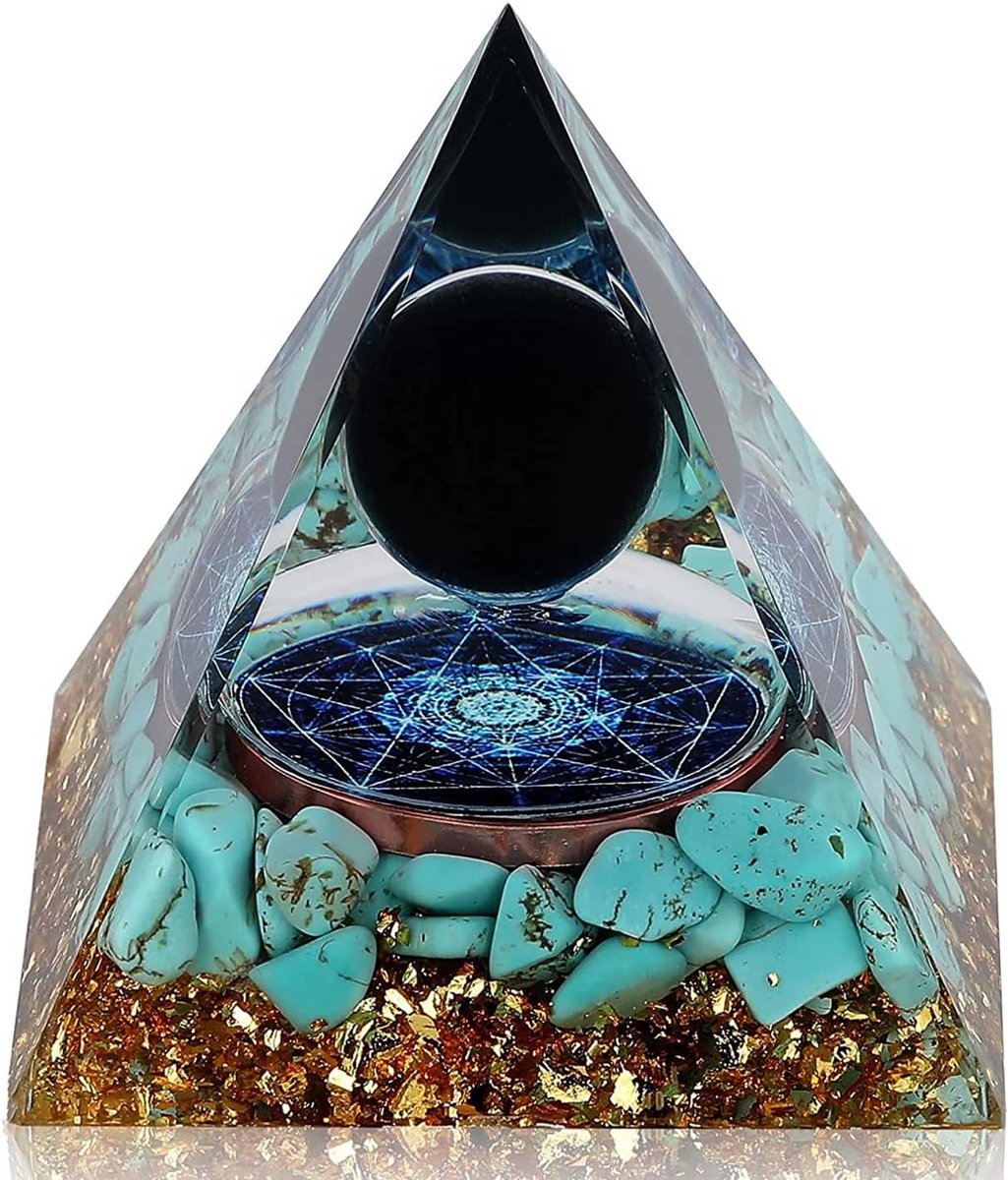 Handgemaakte Orgoniet Piramide met Obsidiaan en Turquoise voor Positieve Energie en Welzijn