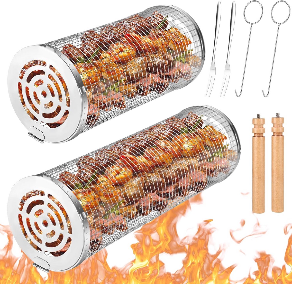 Draaibare Grillmand Set van 2 Bakmand RVS voor Groenten en Vis