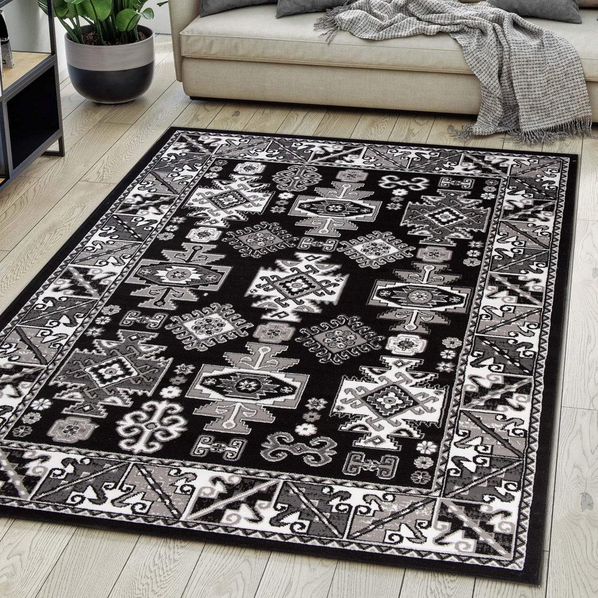 Oriëntaals Tapijt Zwart 200 x 300 cm – Laagpolig Polypropyleen – OEKO-TEX® Gecertificeerd 