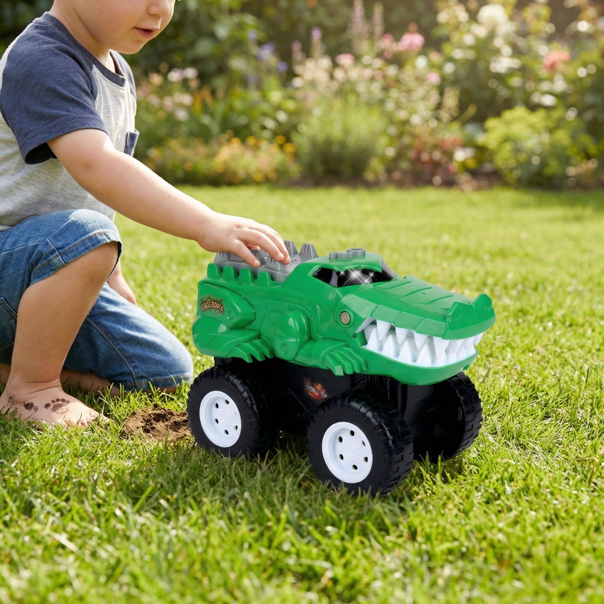Eddy Toys Krokodil Auto - Crocodile Car met Licht en Geluid - Speelgoed Auto met Monstertruck Wielen - Werkt op 3x AA Batterijen - Groen/Zwart/Wit — afbeelding 2