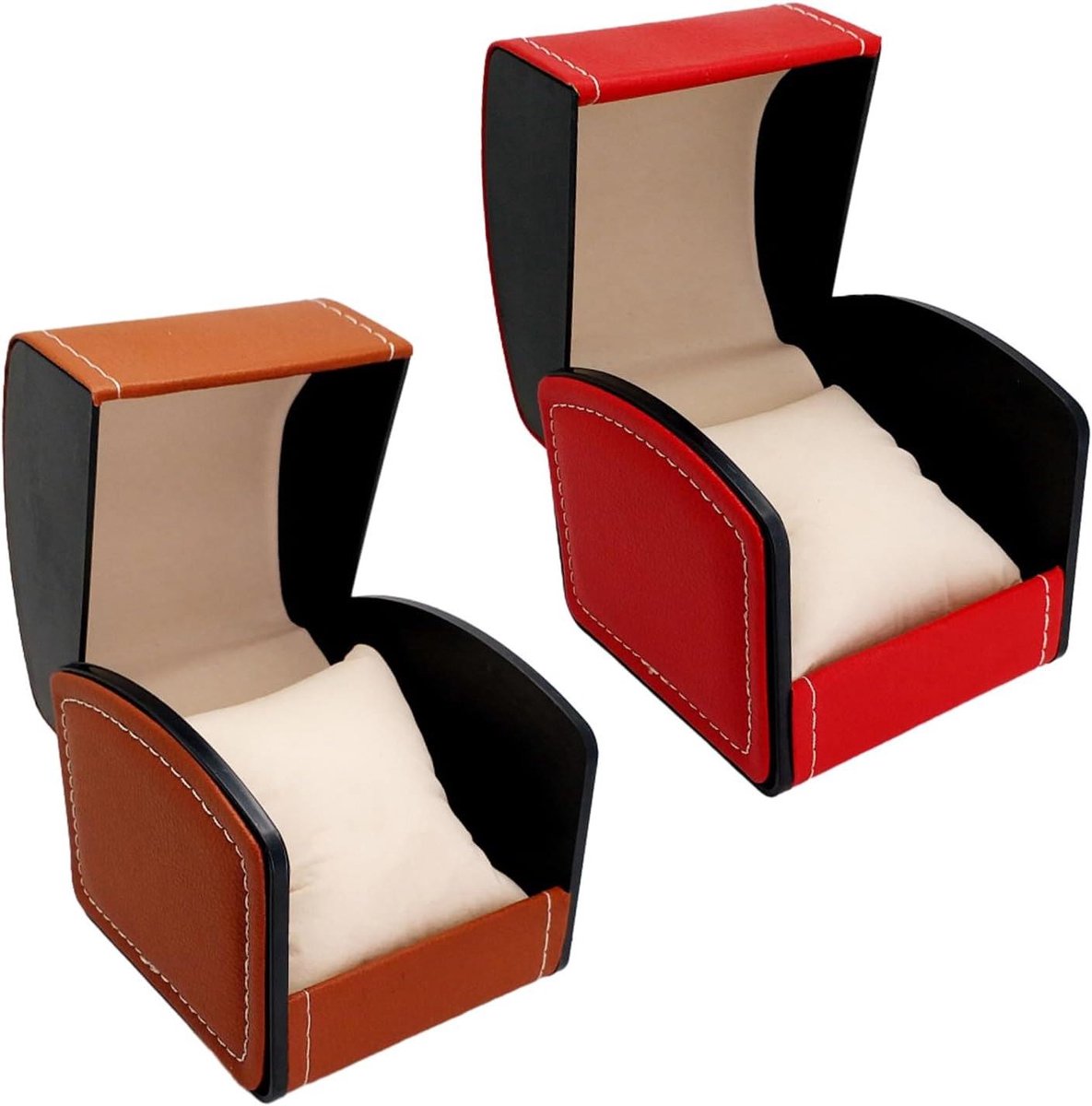 Horlogedoos voor heren - PU-leder - Tentoonstellingsstandaard - Horlogeopbergdoos - Roodbruin - Geschikt voor de meeste horloges - Set van 2 stuks