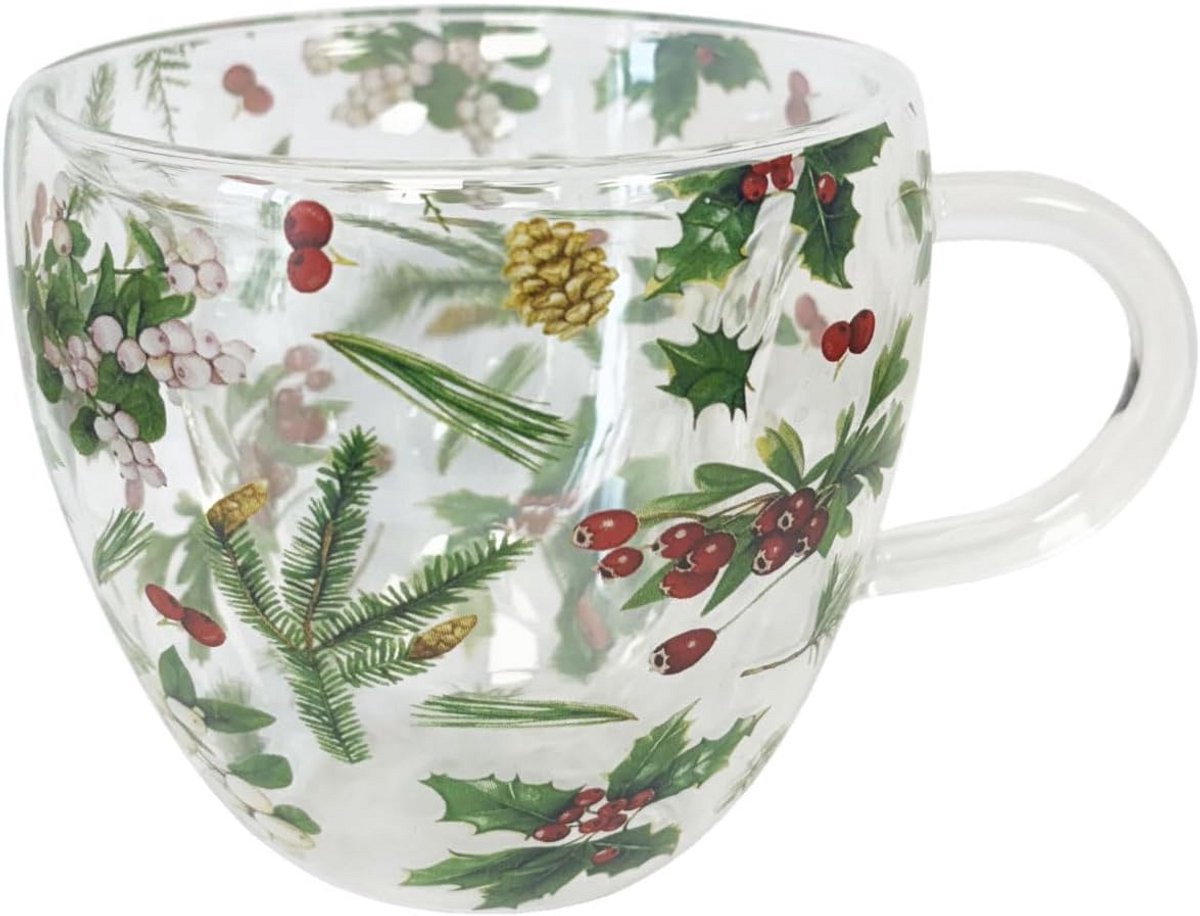 Dubbelwandige glazen mok 0,2L – wintergroen kerstdesign met hulst en takken
