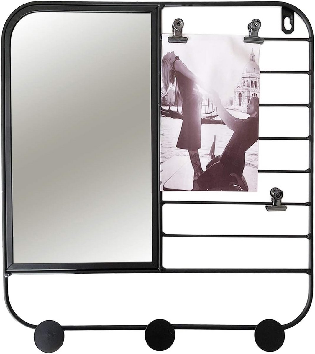 Wandplank met Spiegel 32x32 cm - Metaal - 3 Haakjes - Foto Clips - Sleutelorganisatie