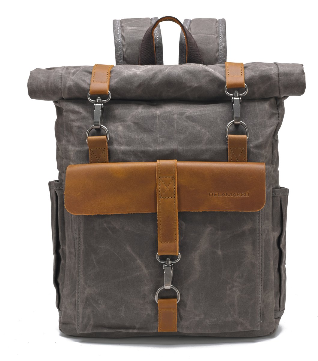 DE LAMASSU® Vintage Canvas Rugzak 15 Inch Laptop – Rolltop Backpack – Waterafstotend – Canvas & Echt Leer – 32x12x45-58 cm – Unisex