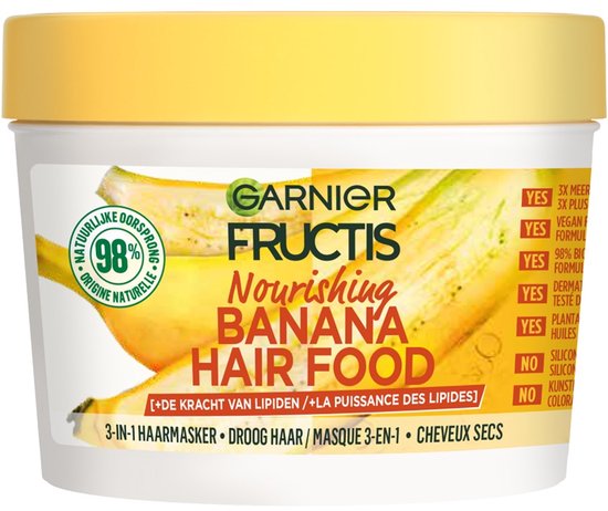 Masque capillaire nourrissant Garnier Fructis Hair Food banane, 98% d'ingrédients d'origine naturelle.