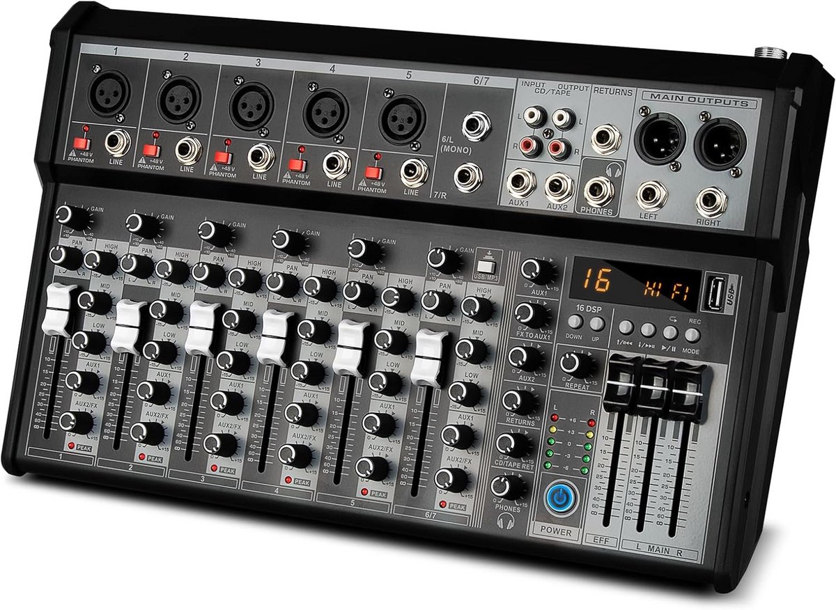 Professionele 4-Kanaals Audiomixer met DSP Effecten & Bluetooth voor Studio, DJ en Streaming