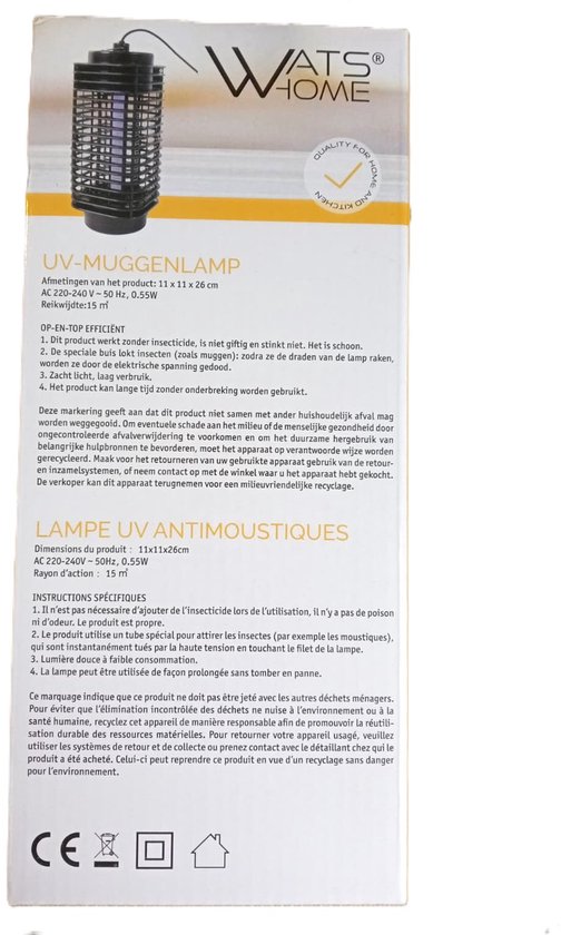 Verpakking van een zwarte UV-muggenlamp met blauw licht, 11 x 11 x 26 cm.