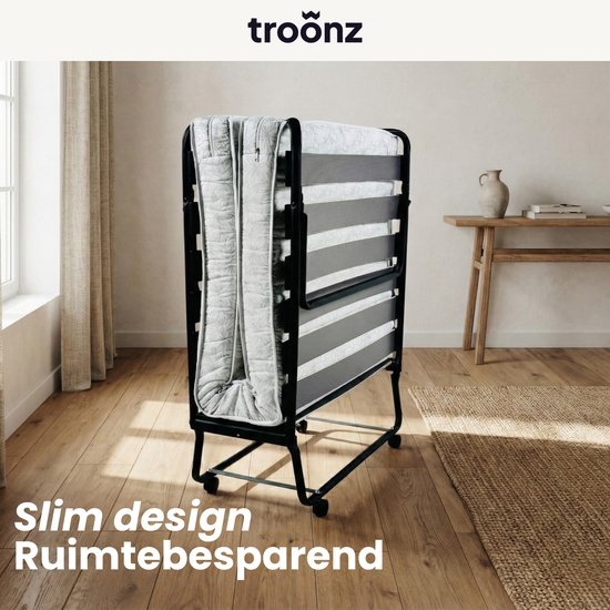 Troonz® Vouwbed Morena Royal | 90 x 200 cm | Logeerbed inclusief Hoofdkussen en Enkel Dekbed | Luxe Matras | Opklapbed Eenpersoonsbed | Logeermatras Opvouwbaar | 30 dagen proefslapen