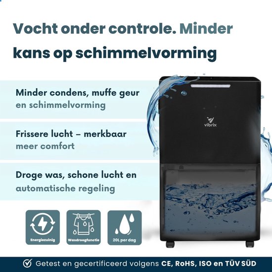 Vibrix DryFlow6 Pro Luchtontvochtiger – 6L per dag – Bediening via App – Wasdroogfunctie – Stil & Energiezuinig – Voor Badkamer, Kelder, Zolder & Slaapkamer – Dehumidifier