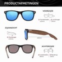 Productafmetingen van zwarte zonnebril met houten pootjes: framebreedte 142mm, lenshoogte 55mm, pootlengte 140mm, lensbreedte 58mm, neusbrug 16mm.