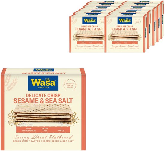 Wasa Delicate Crisp Sesam & Zeezout: 10 pakken krokante volkoren tarweflatbread, gebakken met geroosterde sesamzaadjes en zeezout.