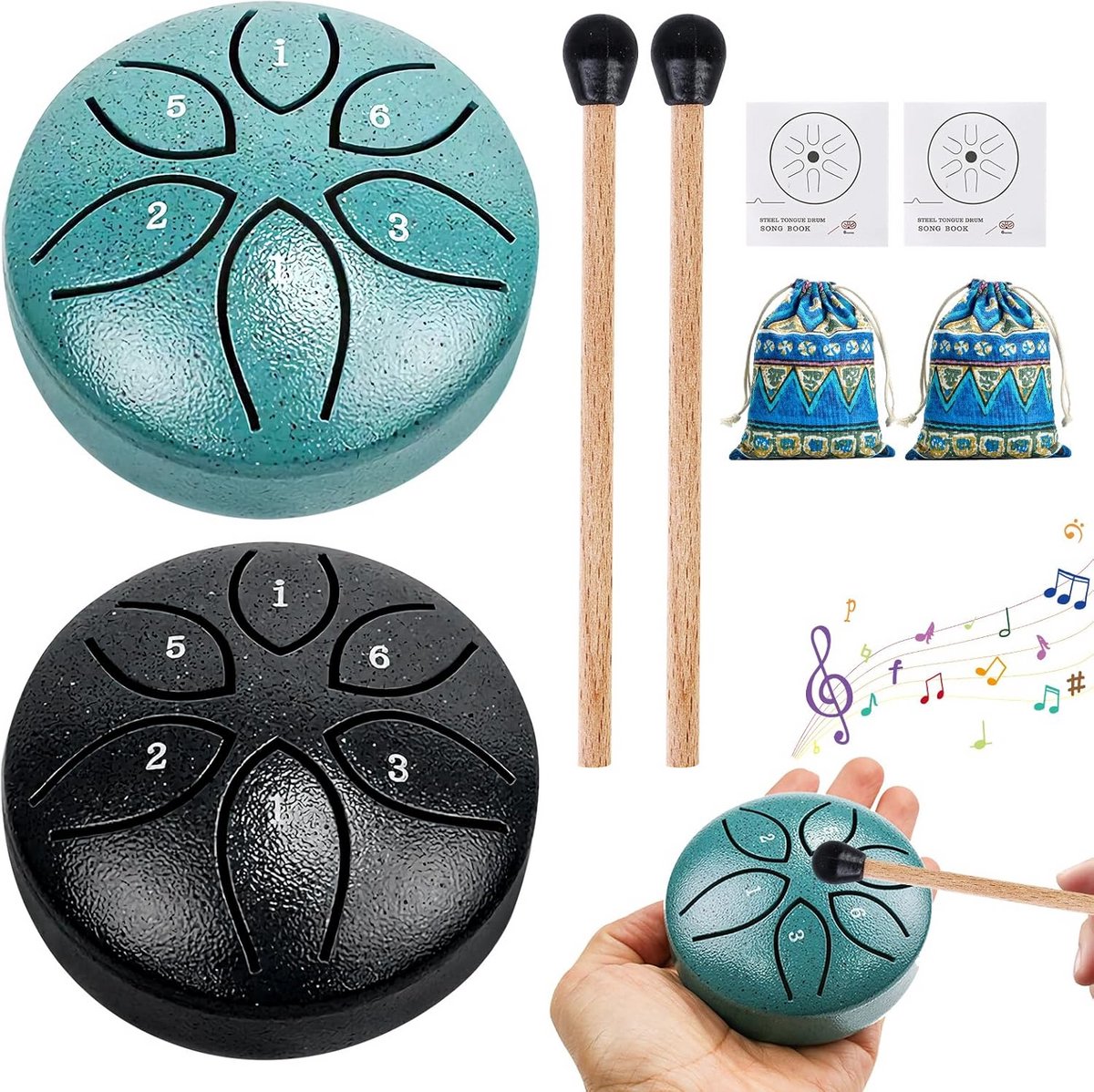 Set van 2 Stalen Tongtrommels (3 Inch, 6 Tonen) - Mini Pan Drum voor Yoga, Meditatie & Ontspanning