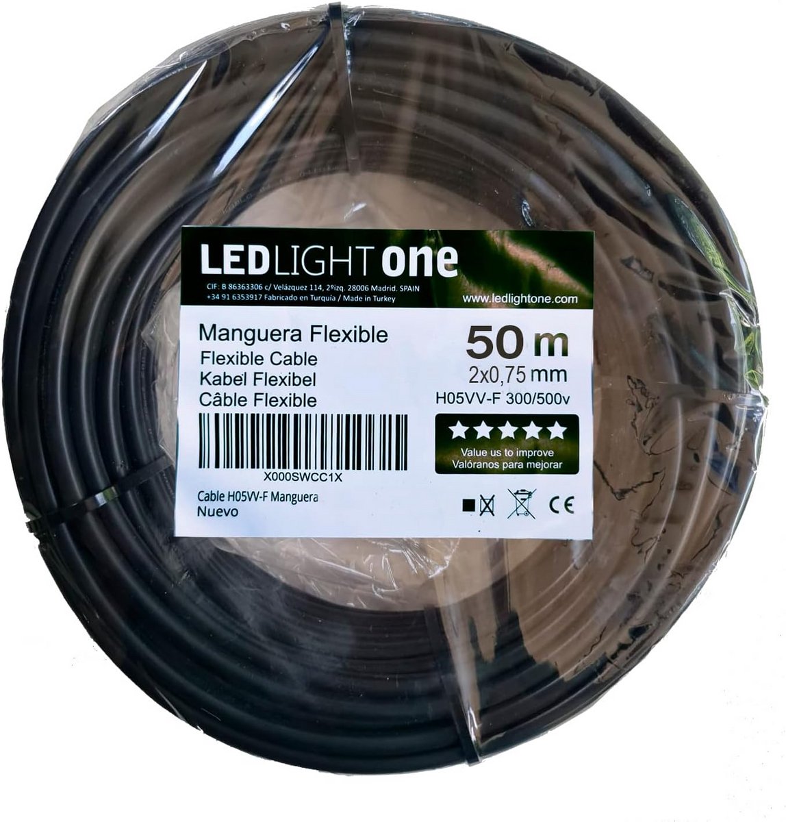 Flexibele Installatiekabel H05VV F 2x0.75mm, 50 Meter Zwart