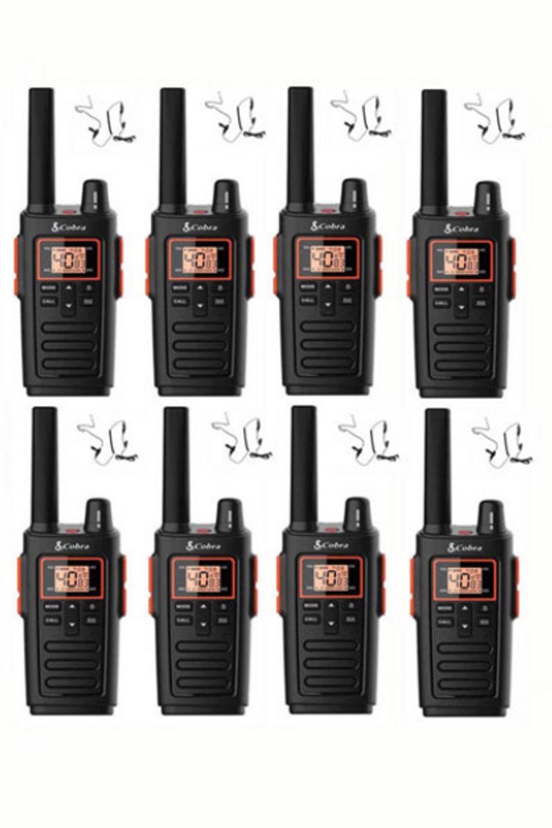 Set van 8 Cobra RX380 PMR446 portofoons IPX2 met beveiliging oortje