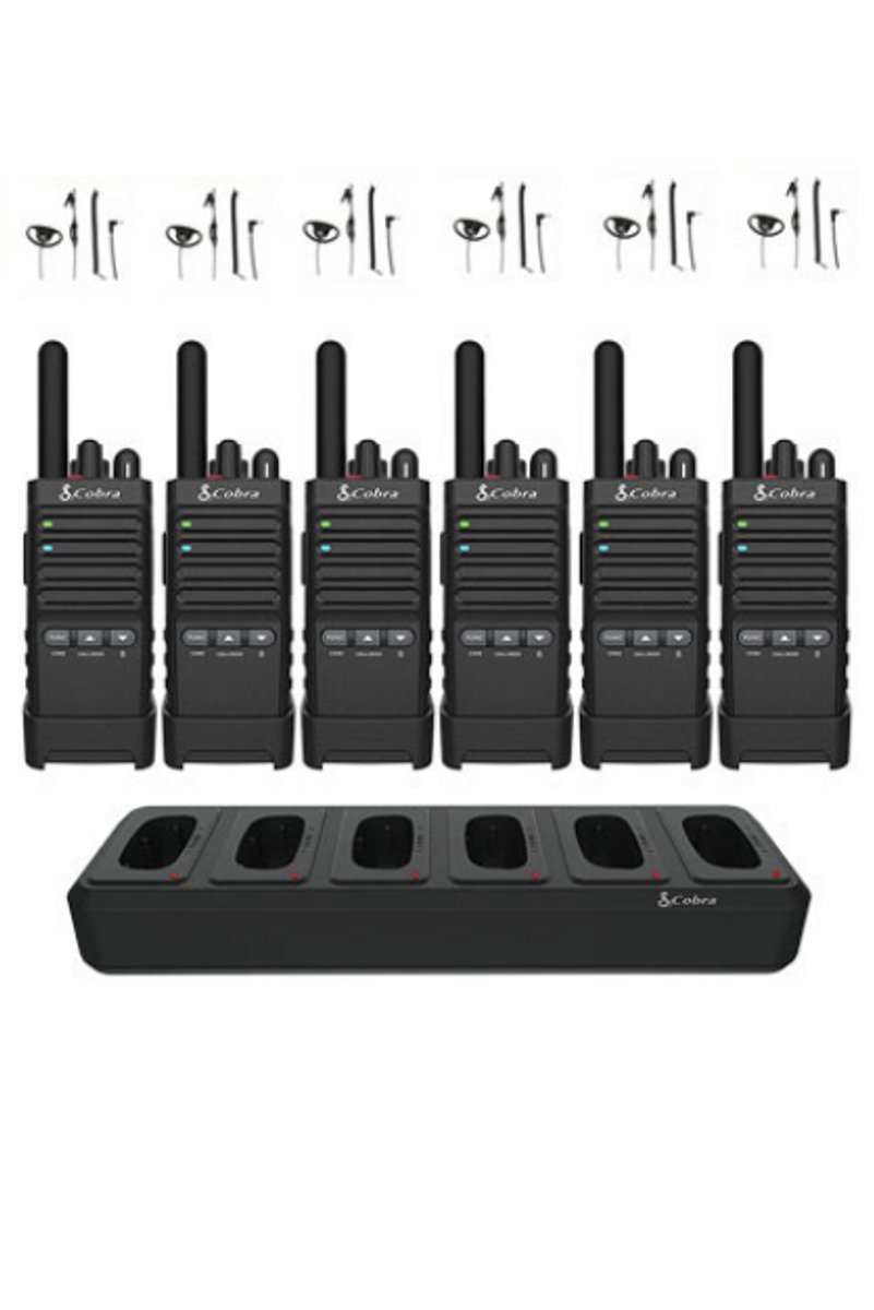 Set van 6 Cobra PX650 UHF PMR446 portofoons met multilader en D-shape oortje