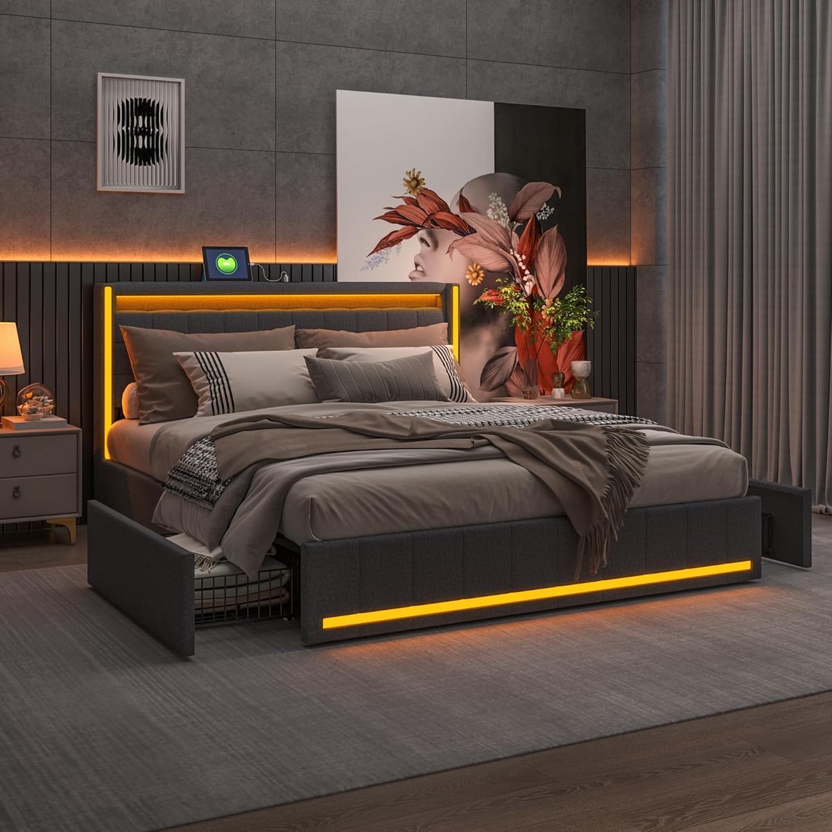Tweepersoonsbed 160x200 met Opbergruimte, 4 Laden, Hoofdeinde en USB-Aansluiting