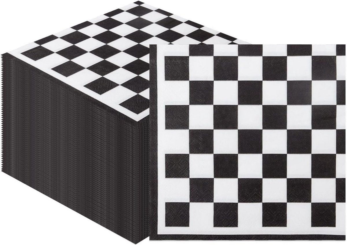 Geruite Wegwerpservetten 40 Stuks - Wit Zwarte Cocktail Servetten 33x33 cm
