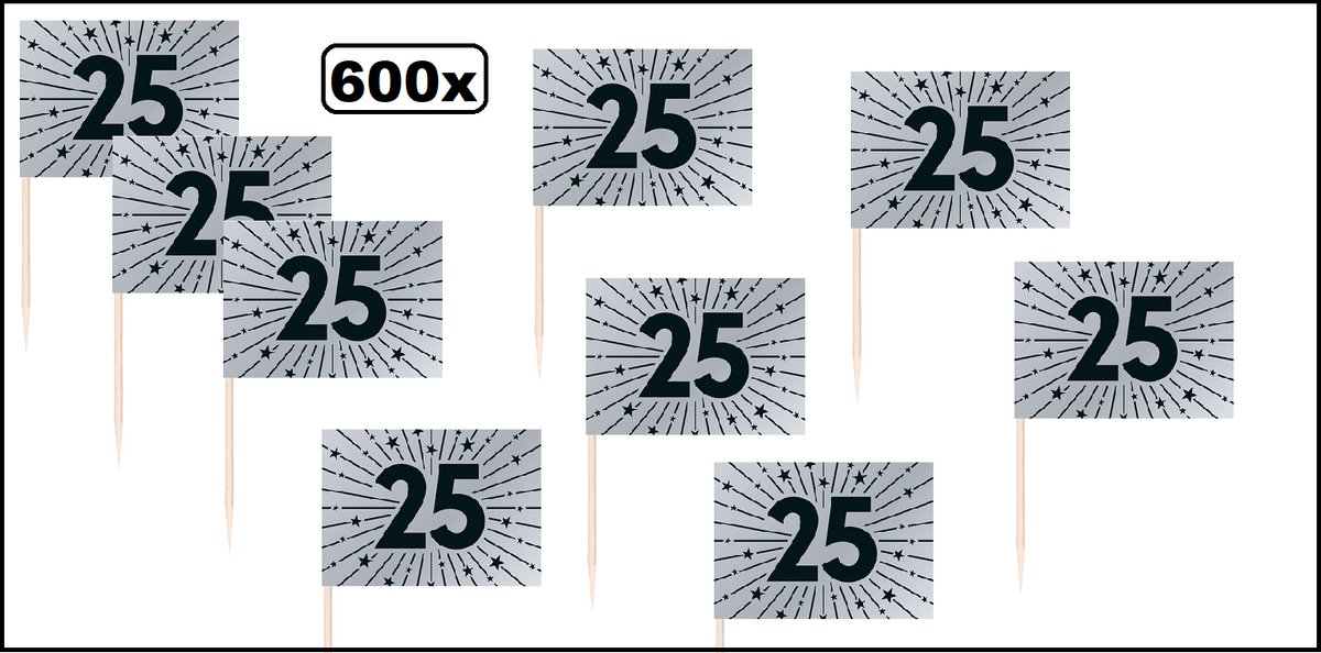 600x Cocktailprikkers 25 jaar zilver - Vlag prikker Jubileum verjaardag thema feest zilveren bruiloft cocktail prikker