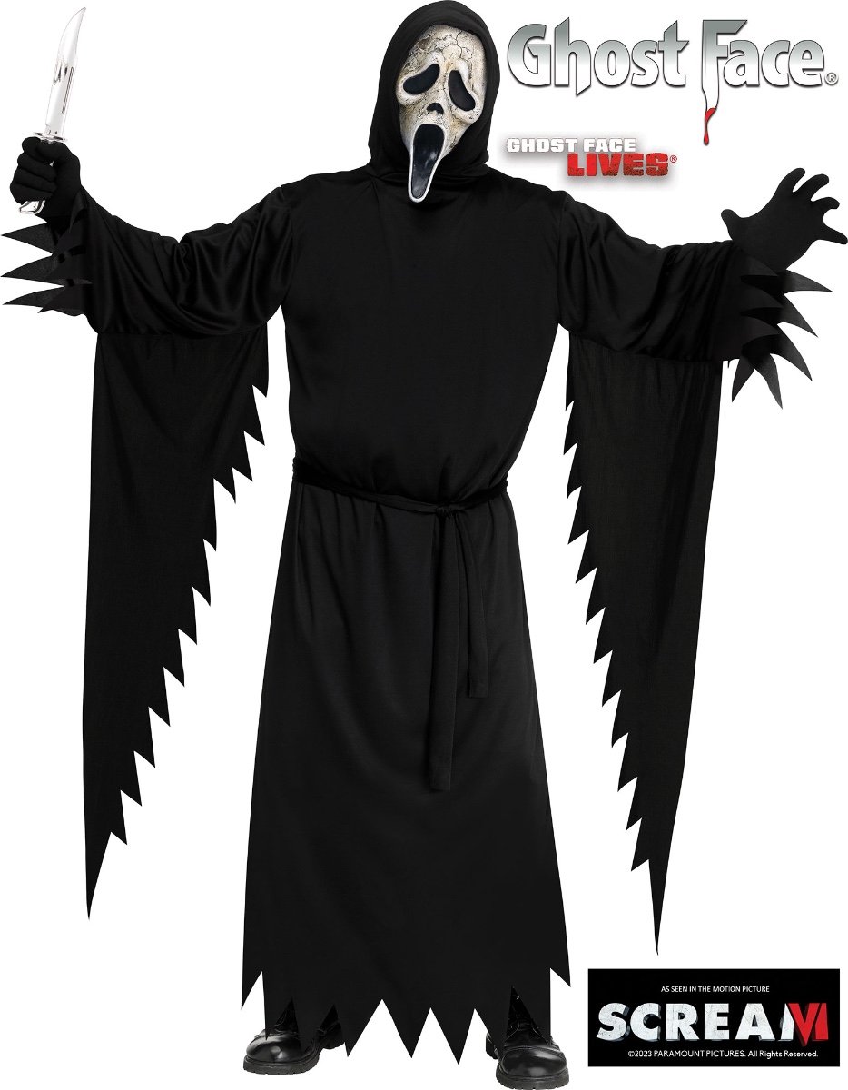 Fun World Ghostface Kostuum Volwassenen Scream Kostuum Halloween Kostuum Volwassenen Carnavalskleding Heren Verkleedkleren Volwassenen - Officiële Licentie - 3-Delig Gewaad met Capuchon/Riem/Masker - Unisex - Maat XL/2XL