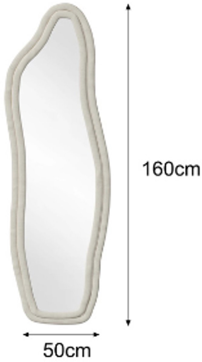 Spiegel-Spiegel staand-160x50cm-Gebogen staande spiegel-Fluwelen lijst-Dolfijnvorm-WIT.
