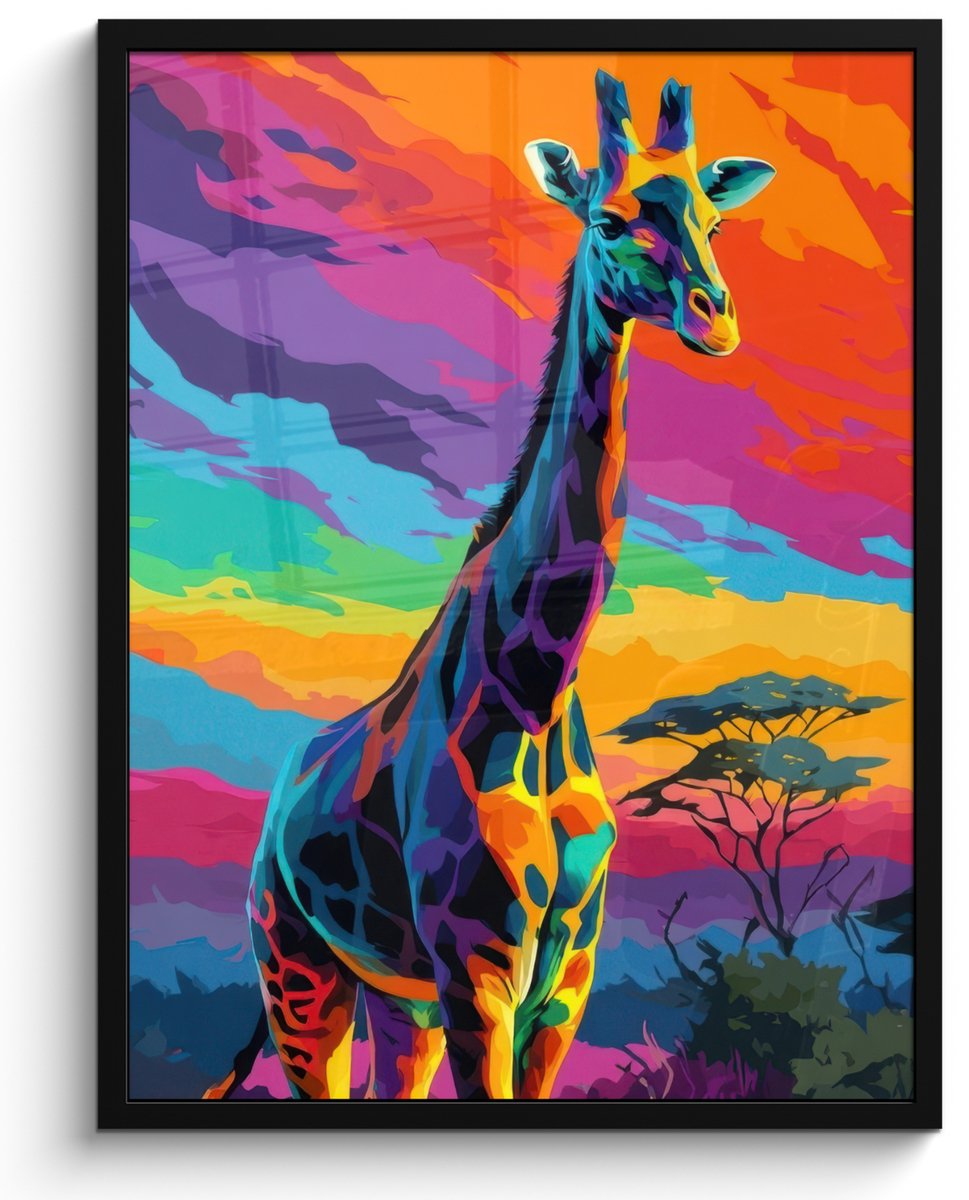 FrameYourWall Poster in lijst - Fotolijst 50x70 cm - Posters - Giraffe - Savanna - Lucht - Gekleurd - Posterlijst zwart - Decoratie - Wanddecoratie woonkamer - Muurdecoratie slaapkamer Giraffe - Kleurrijk
