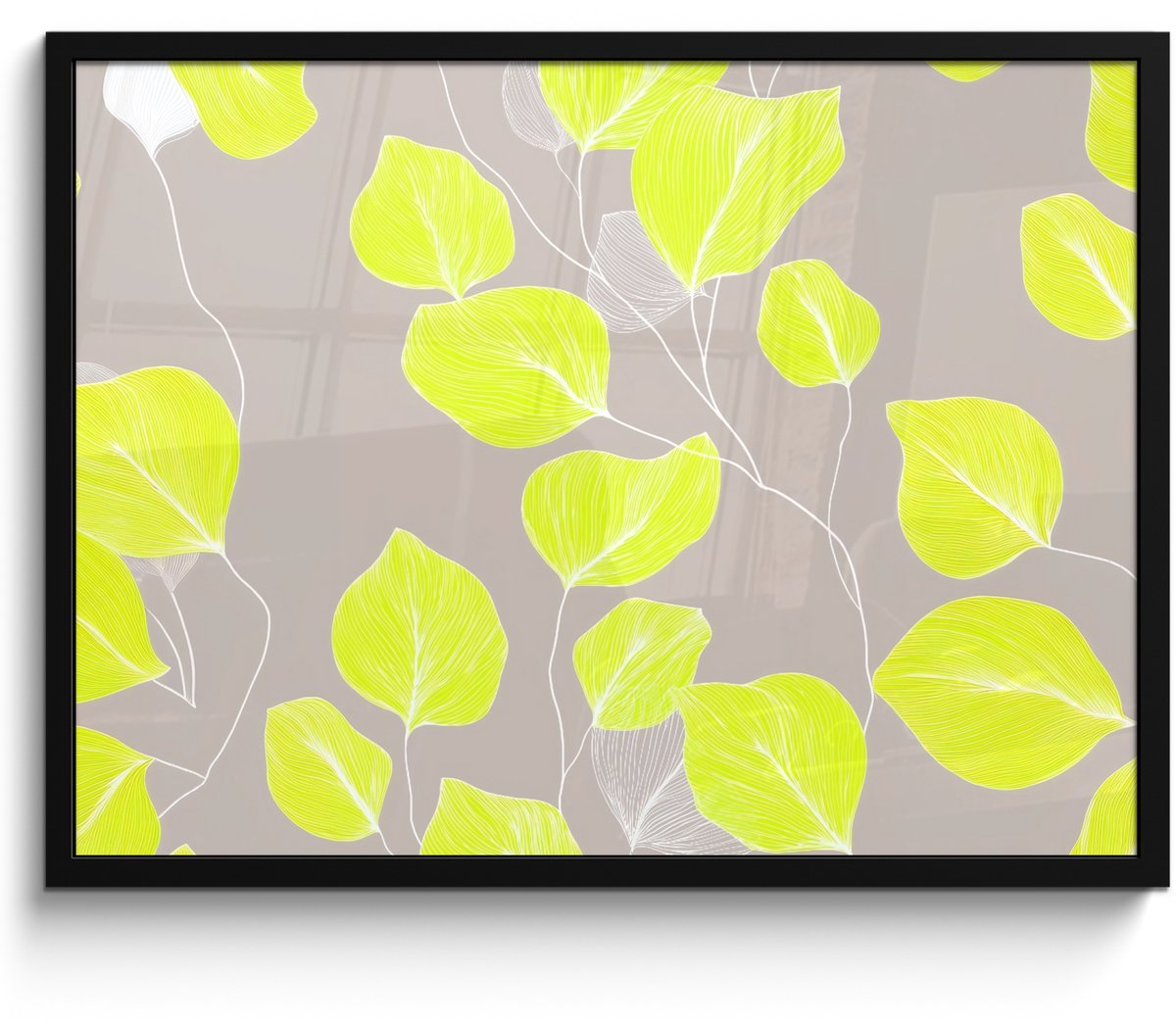 FrameYourWall Poster in lijst - Fotolijst 70x50 cm - Posters - Bladeren - Neon - Geel - Lijnen - Posterlijst zwart - Decoratie - Wanddecoratie woonkamer - Muurdecoratie slaapkamer Bladeren - Lijnen - Neon