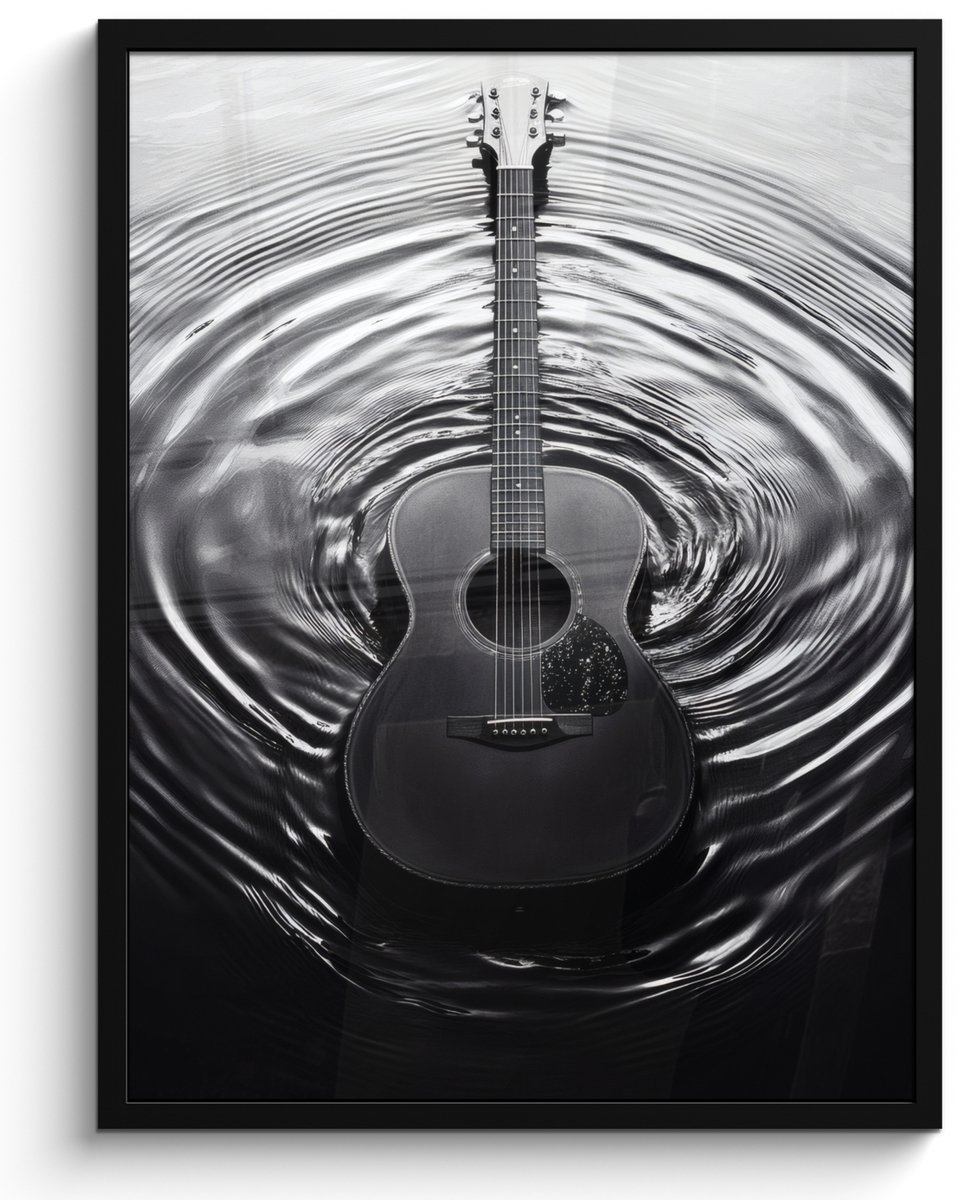 FrameYourWall Poster in lijst - Fotolijst 50x70 cm - Posters - Gitaar - Hout - Water - Posterlijst zwart - Decoratie - Wanddecoratie woonkamer - Muurdecoratie slaapkamer Gitaar - Water